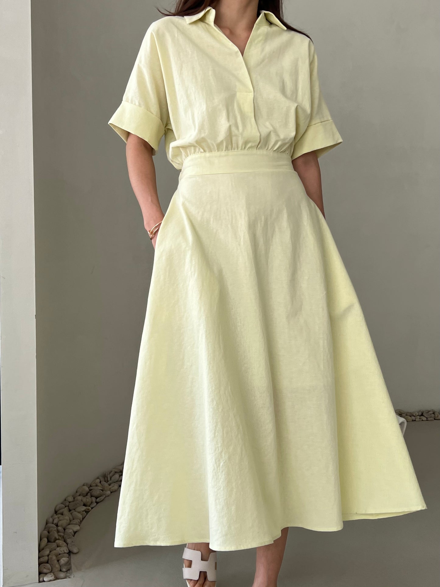 LINEN V NECK DRESS