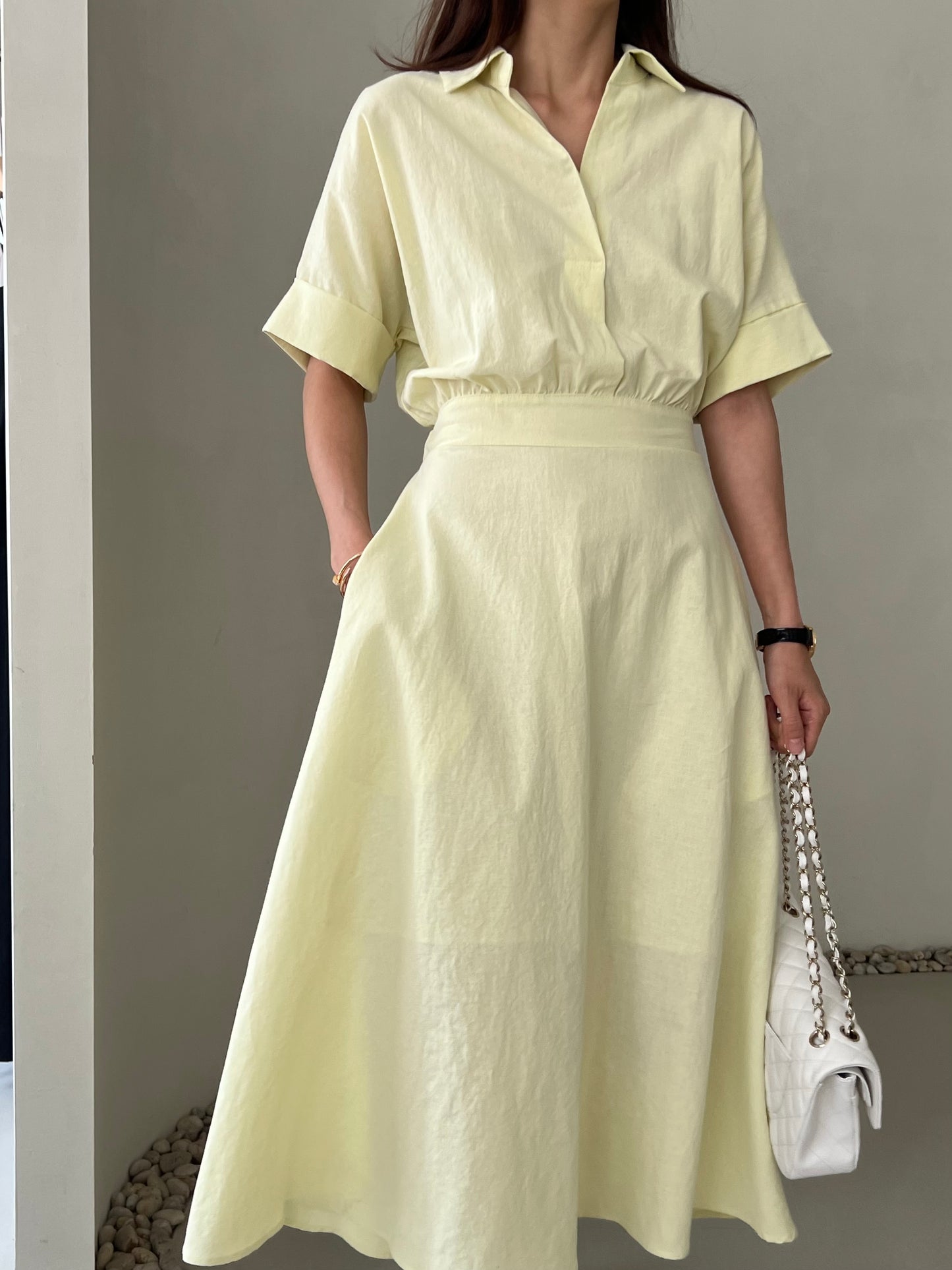 LINEN V NECK DRESS