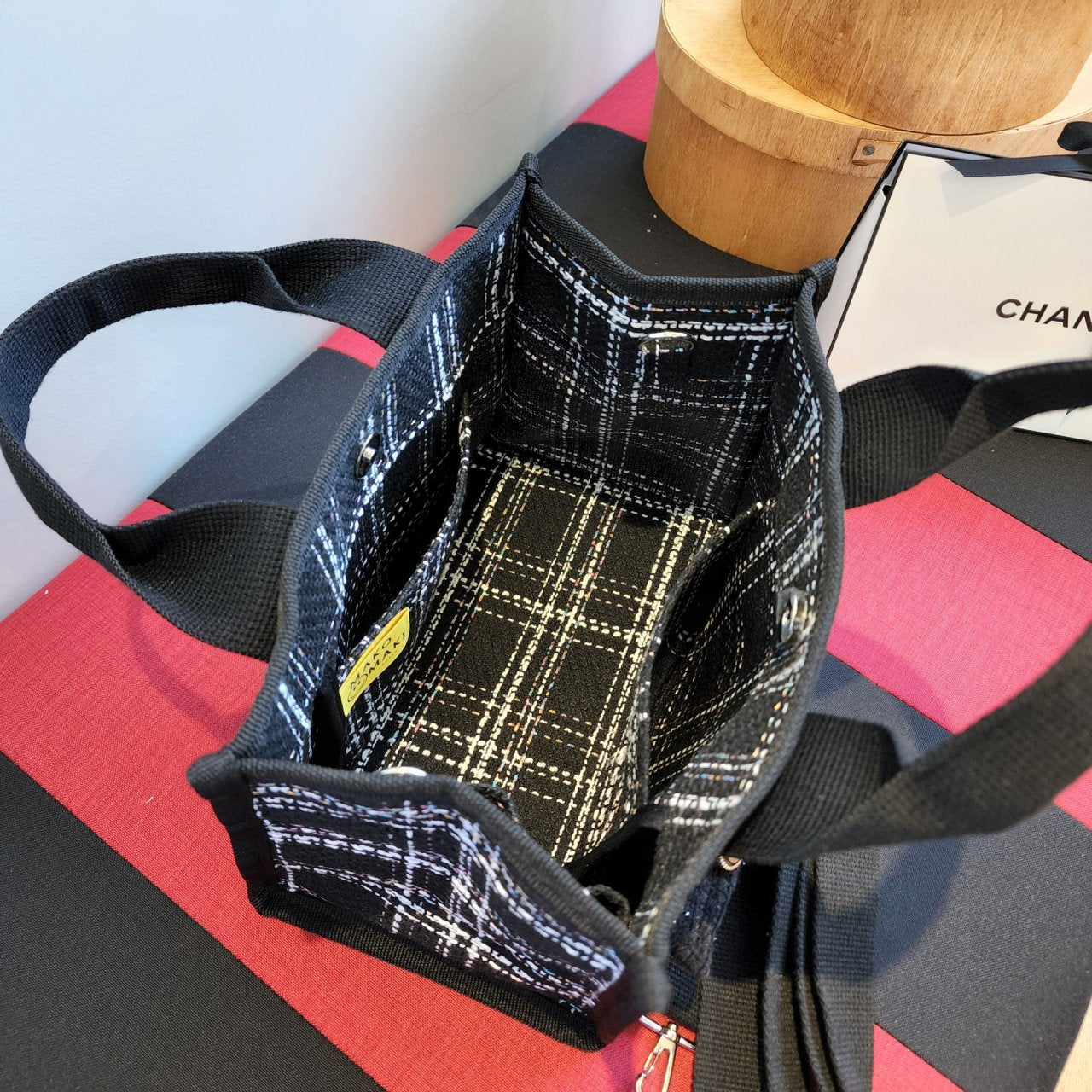 Red plaid tote on sale bag