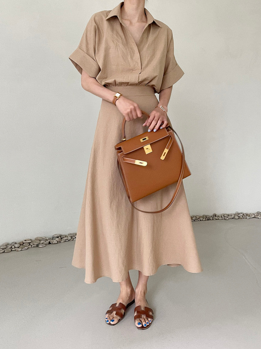 LINEN V NECK DRESS