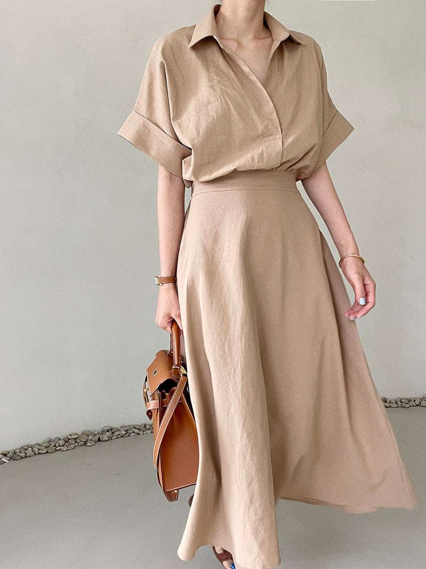 LINEN V NECK DRESS