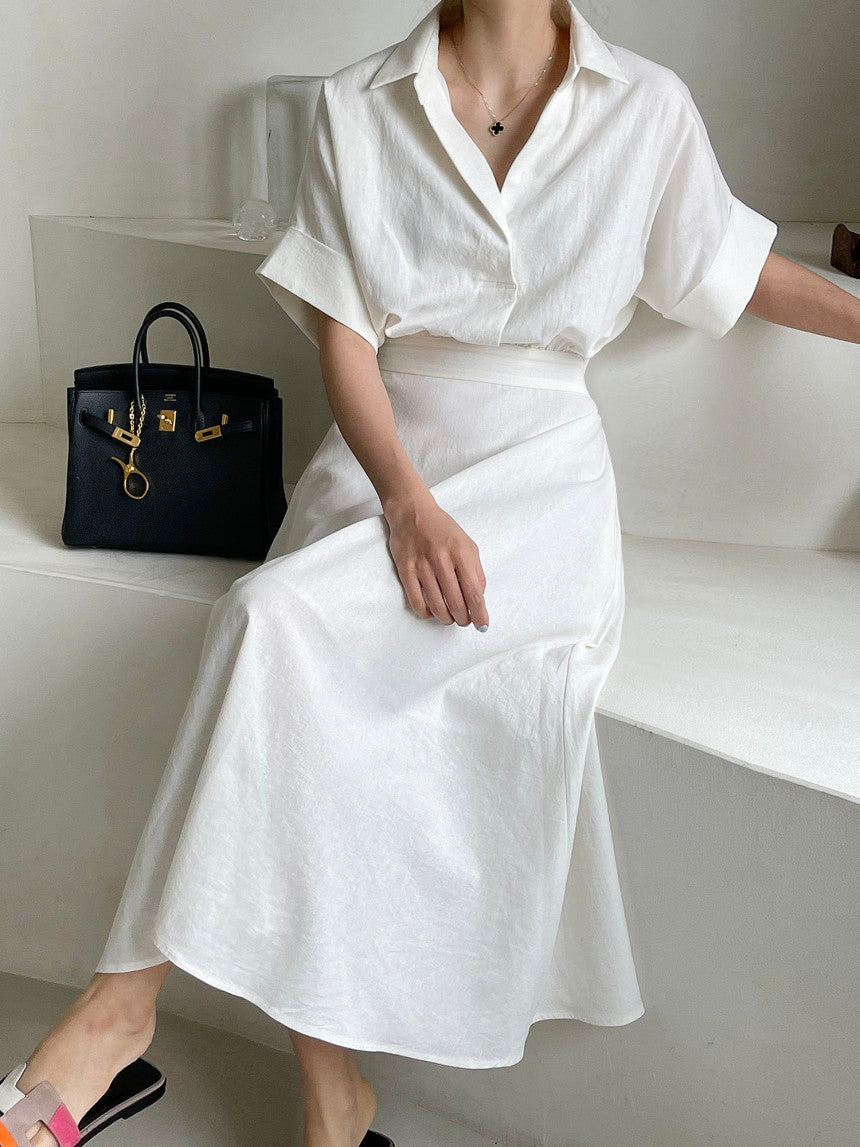 LINEN V NECK DRESS