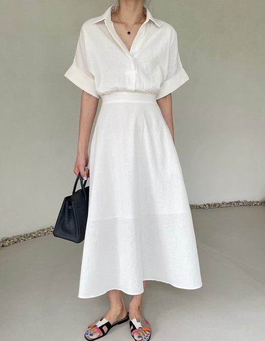 LINEN V NECK DRESS