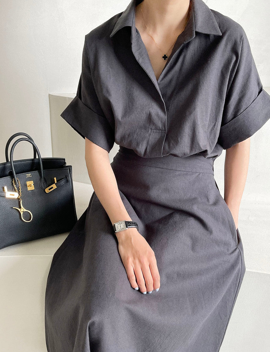 LINEN V NECK DRESS